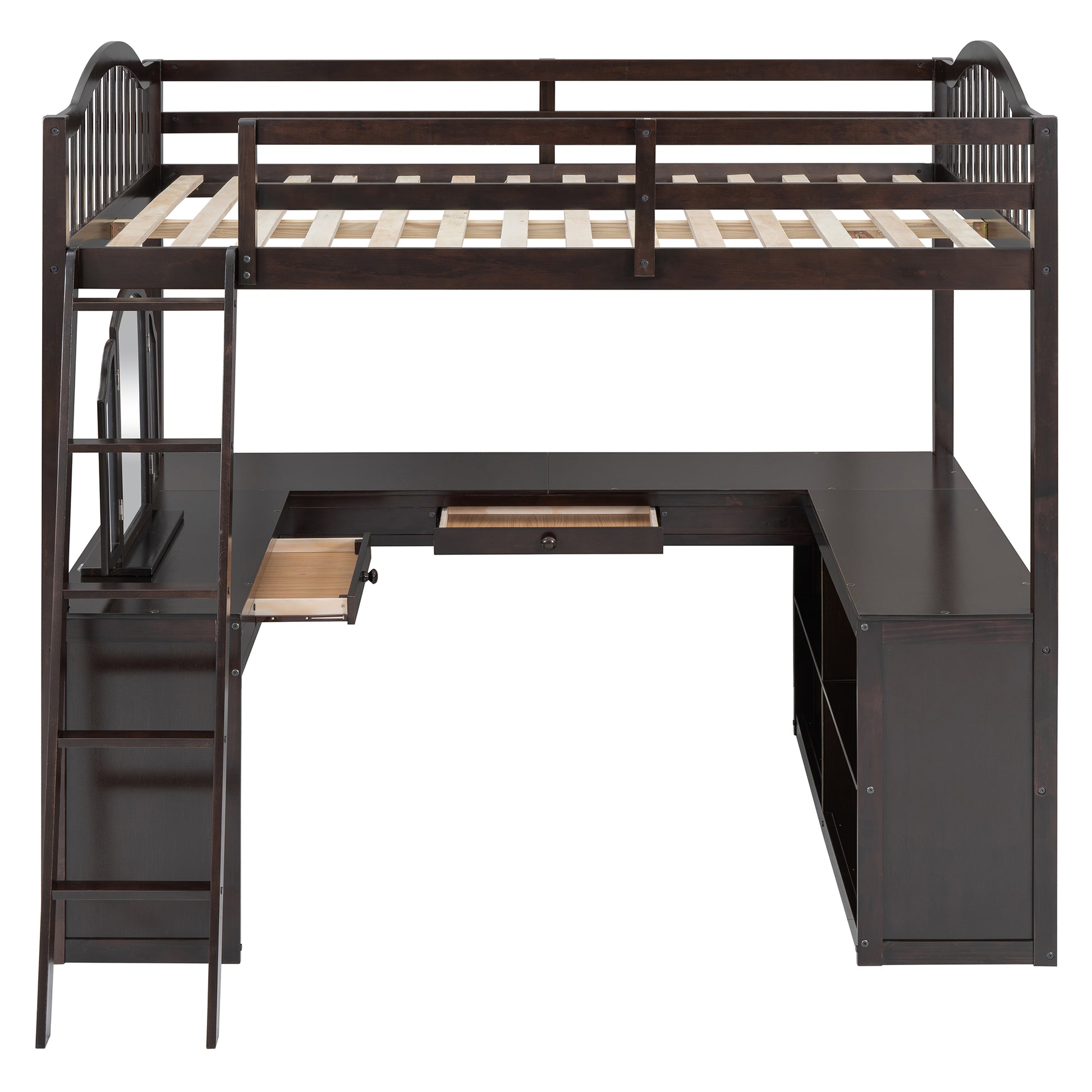 Full Wooden Loft Bed With U Shaped Desk,Storage Compartments And Tri Fold Mirror, Espresso Espresso Plywood,Solid Wood Mdf