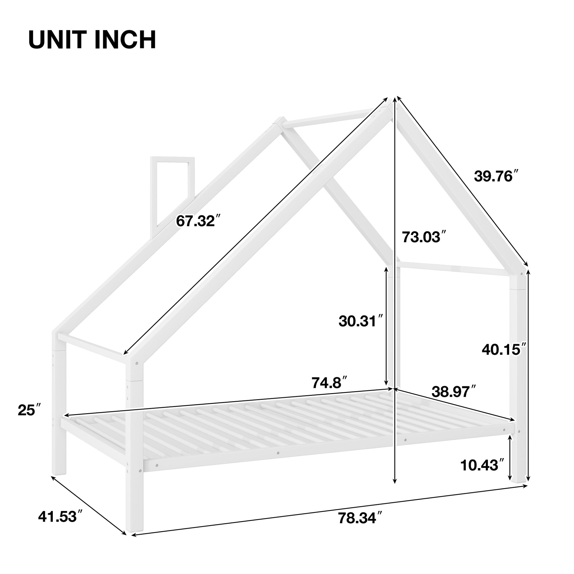 Twin Size Metal House Platform Bed With Roof And Chimney, White Box Spring Not Required Twin White Metal Bedroom Bed Frame Metal