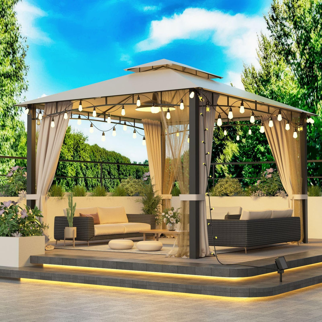 10X12 Softtop Metal Grill Gazebo With Mosquito Net&Sunshade Curtains,Heavy Duty Double Roof Canopy,Galvanized Steel Design Outdoor Tent,Suitable For Gardens,Patio,Backyard Beige Rectangular None Garden & Outdoor Water Resistant Gazebos Fabric Metal