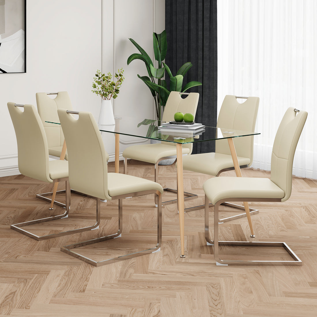 Modern Simple Rectangular Glass Dining Table, Solid Tempered Glass Countertop, Wood Transfer Metal Table Legs, Light Yellow Pu Dining Chair Set, Suitable For Restaurant Kitchen Use Set Of 7 Upholstered Chair Glass Light Yellow Seats 6 Metal Rectangular