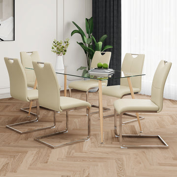 Modern Simple Rectangular Glass Dining Table, Solid Tempered Glass Countertop, Wood Transfer Metal Table Legs, Light Yellow Pu Dining Chair Set, Suitable For Restaurant Kitchen Use Set Of 7 Upholstered Chair Glass Light Yellow Seats 6 Metal Rectangular