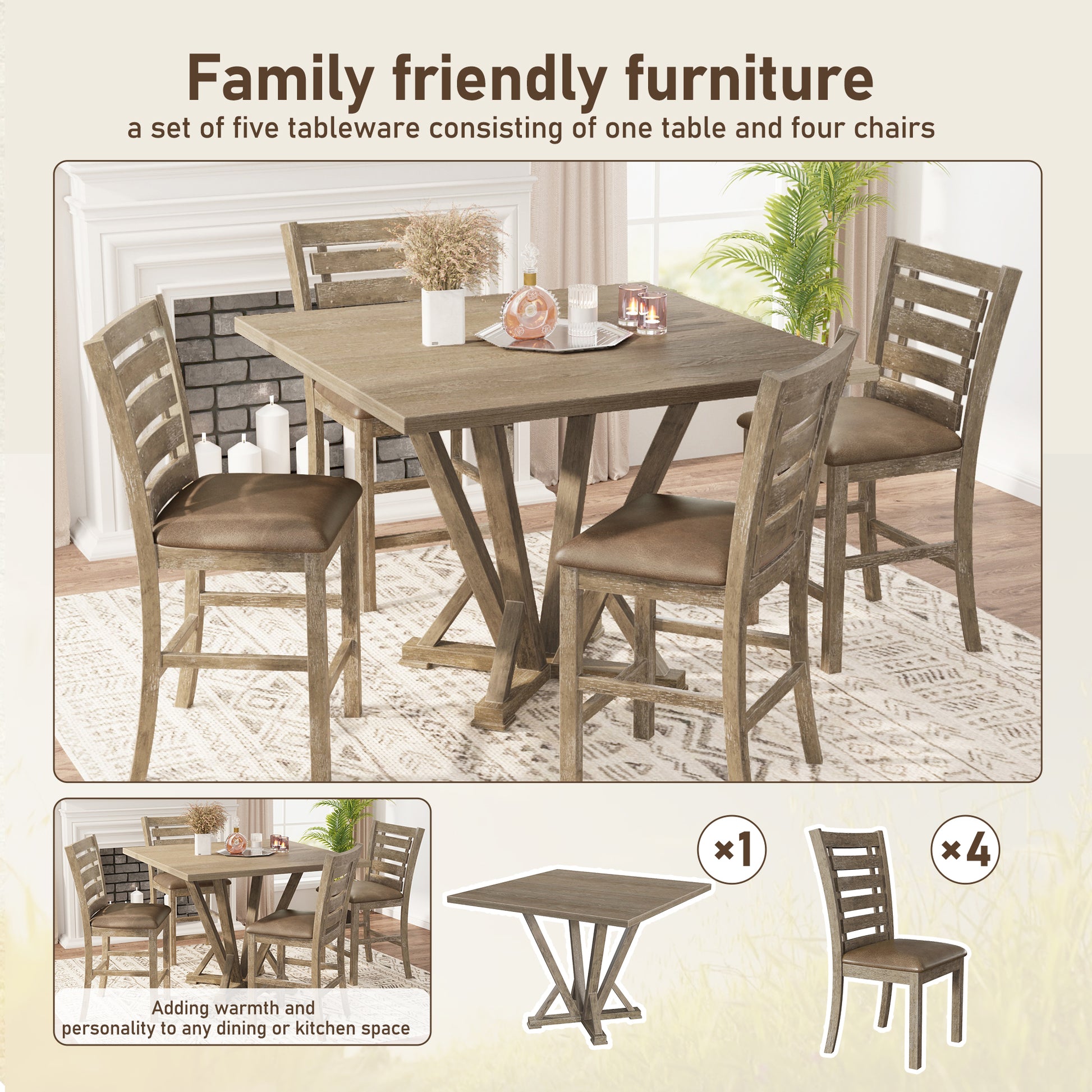 Modern Farmhouse Square Counter Table 45Inch Solid Wood Rubberwood Antique Finishing Rustic Look Distressed Look Wire Brushed For 4 Seaters 36Inch Height Grayish Brown Light Brown Distressed Finish Dining Room Antique,Farmhouse,French