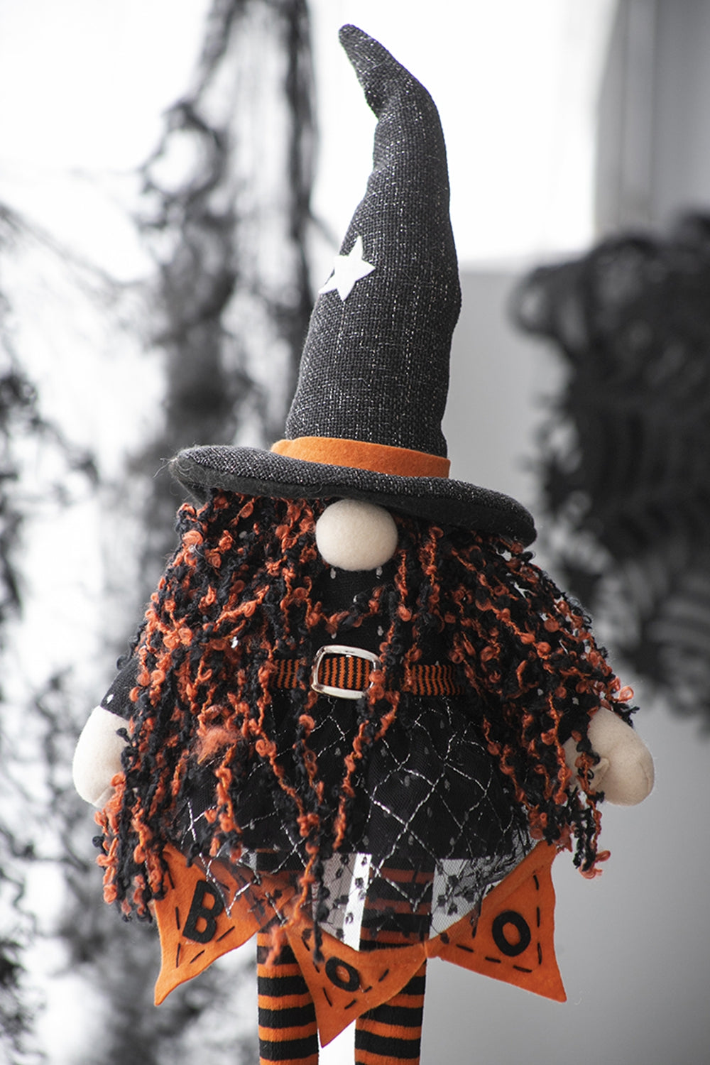 8.3X5X24" Fabric Standing Gnome W Orange Banner & Spring Body, For Halloween Decor Black,Orange,White Polyester