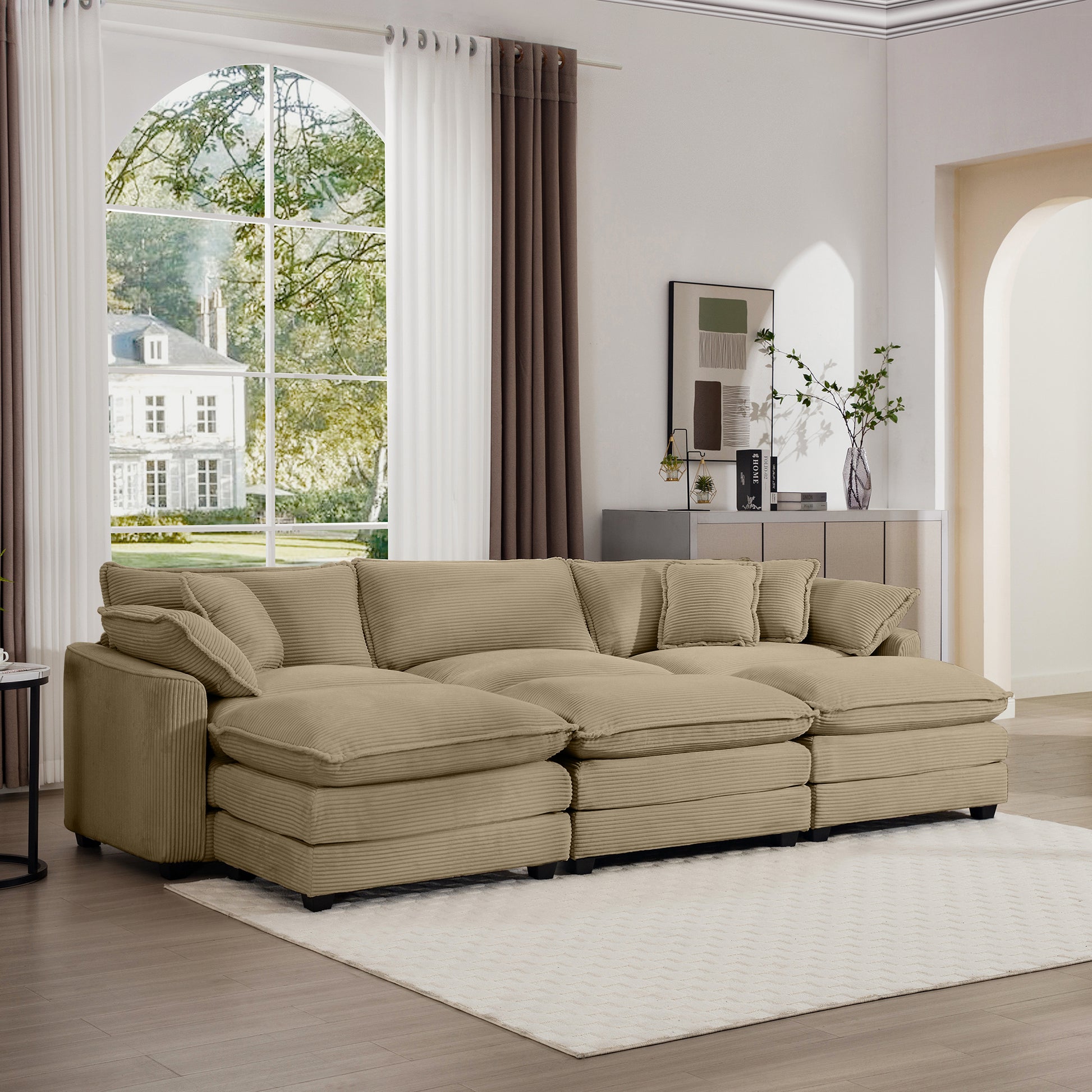 Oversized Modular Cushion Sofa, Portable Ottoman, L Shaped Corner Low Back Deep Seating Spacious Sofa Setfor Home Apartment Living Room Set, Tan Corduroy Tan Corduroy 3 Seat