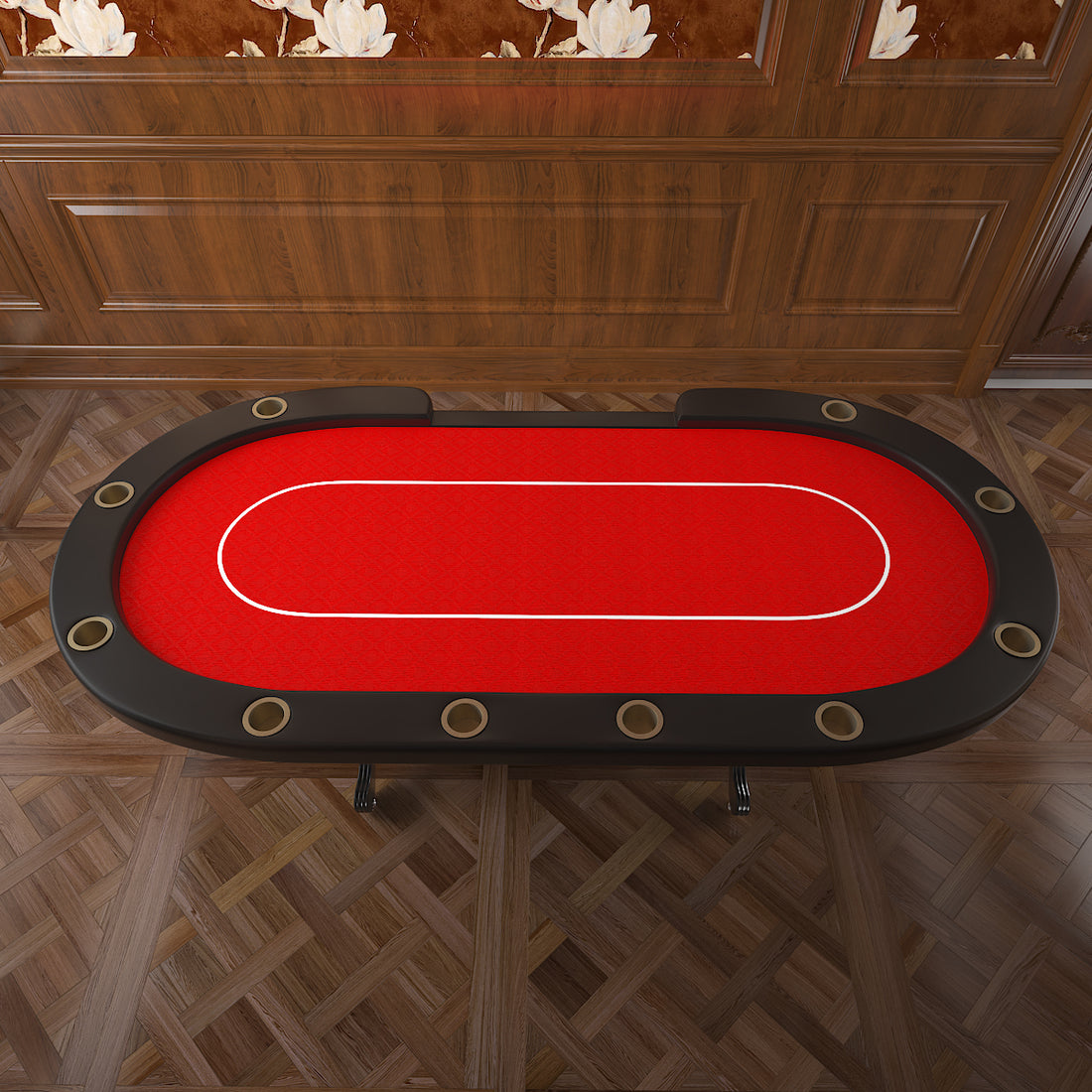 96" Oval Aura Poker Table For 10 Players Texas Holdem Poker Card With Bet Line Felt Surface Jumbo Cup Holders Red Red Primary Living Space Modern Wood