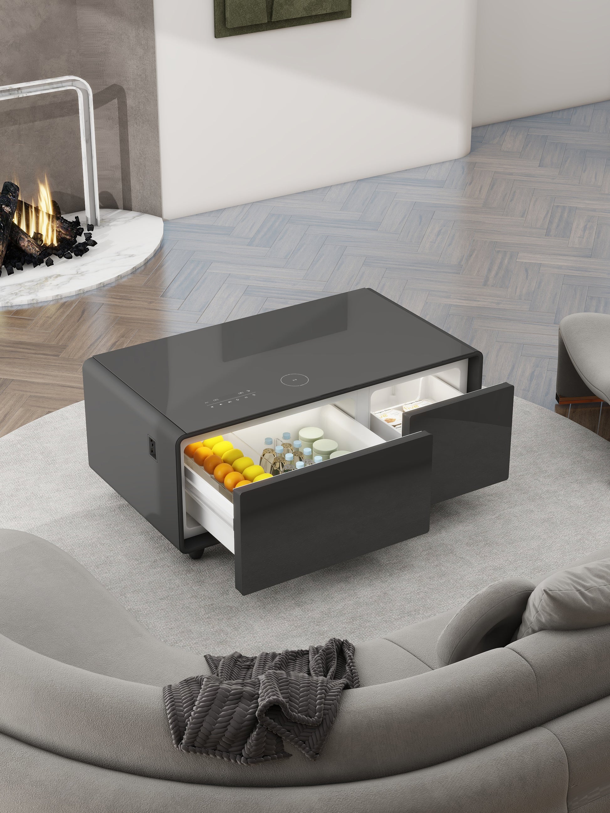 Party Time Modern Style Led Display Refrigerator Coffee Table In Black Color Black Built In Outlets Or Usb Primary Living Space Modern Freestanding Rectangular Drawers Coffee & End Tables Glossy