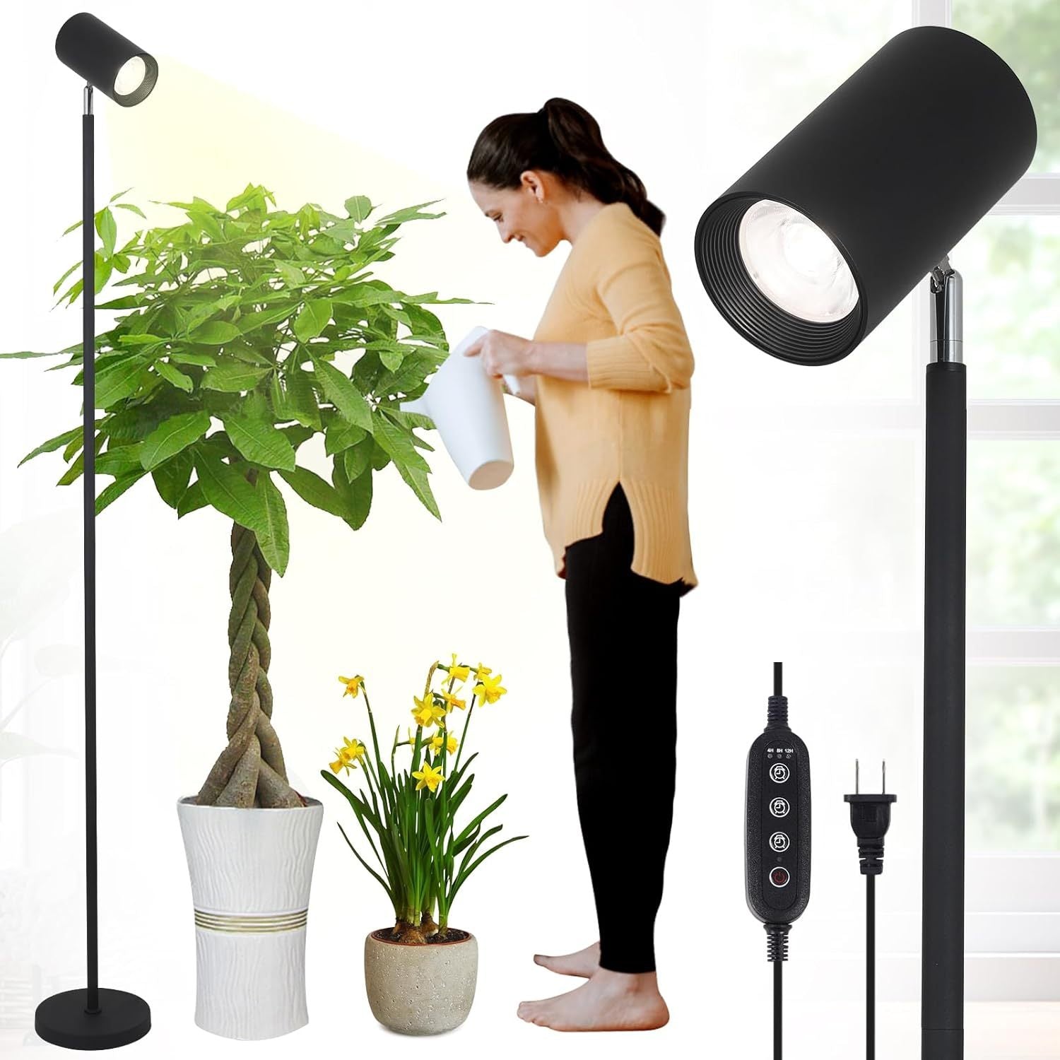 Grow Lights Stand For Indoor Plants Full Spectrum Tall Plant Light For Indoor Growing With 20W Cob Plant Light Bulb,4 8 12H Timer, Led Growth Floor Lamp For Large Plant Seedling 6 Level Height Black Metal