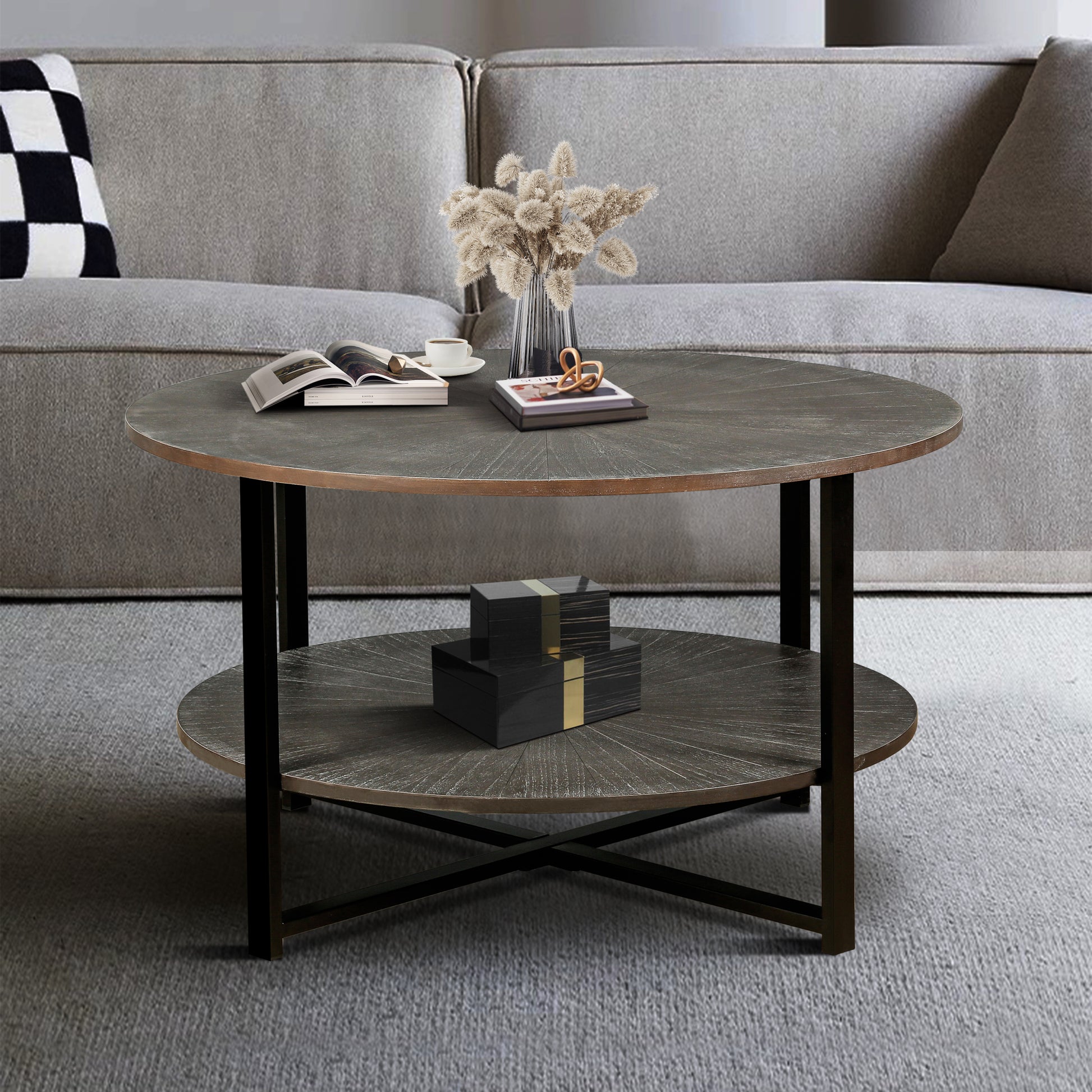 31.5"D X 31.5''W X 18.3''H Round Coffee Table With 2 Tier Storage, Farmhouse Living Room Cocktail Table With Black Metal Leg,Patchwork Desktop Effect Easy Assembly Antique Brown Antique Brown Brown Primary Living Space Antique Floor Mount Round Open