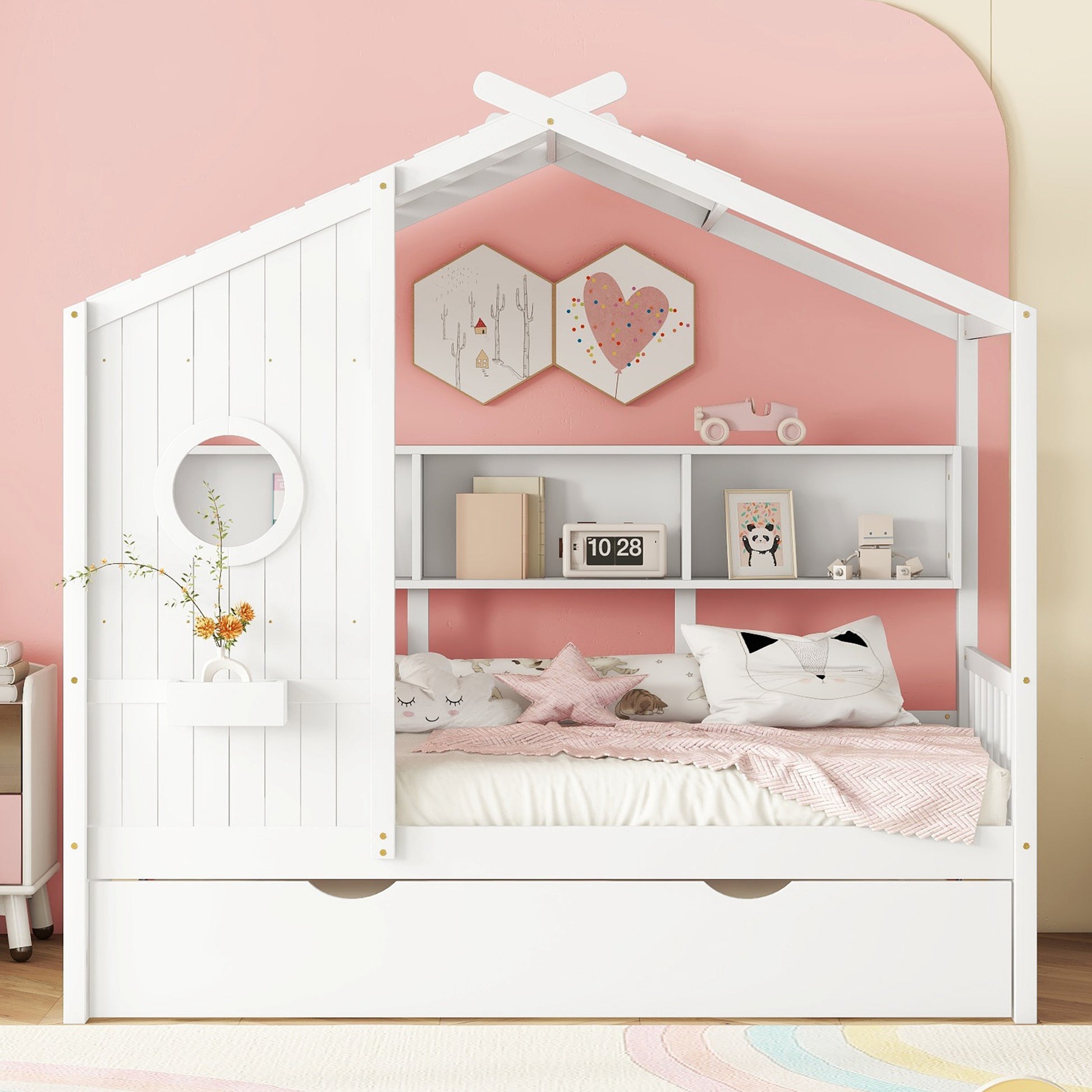 Wooden Twin Size House Bed With Trundle, Modern Design For Kids With Storage Shlef, White Twin White Solid Wood