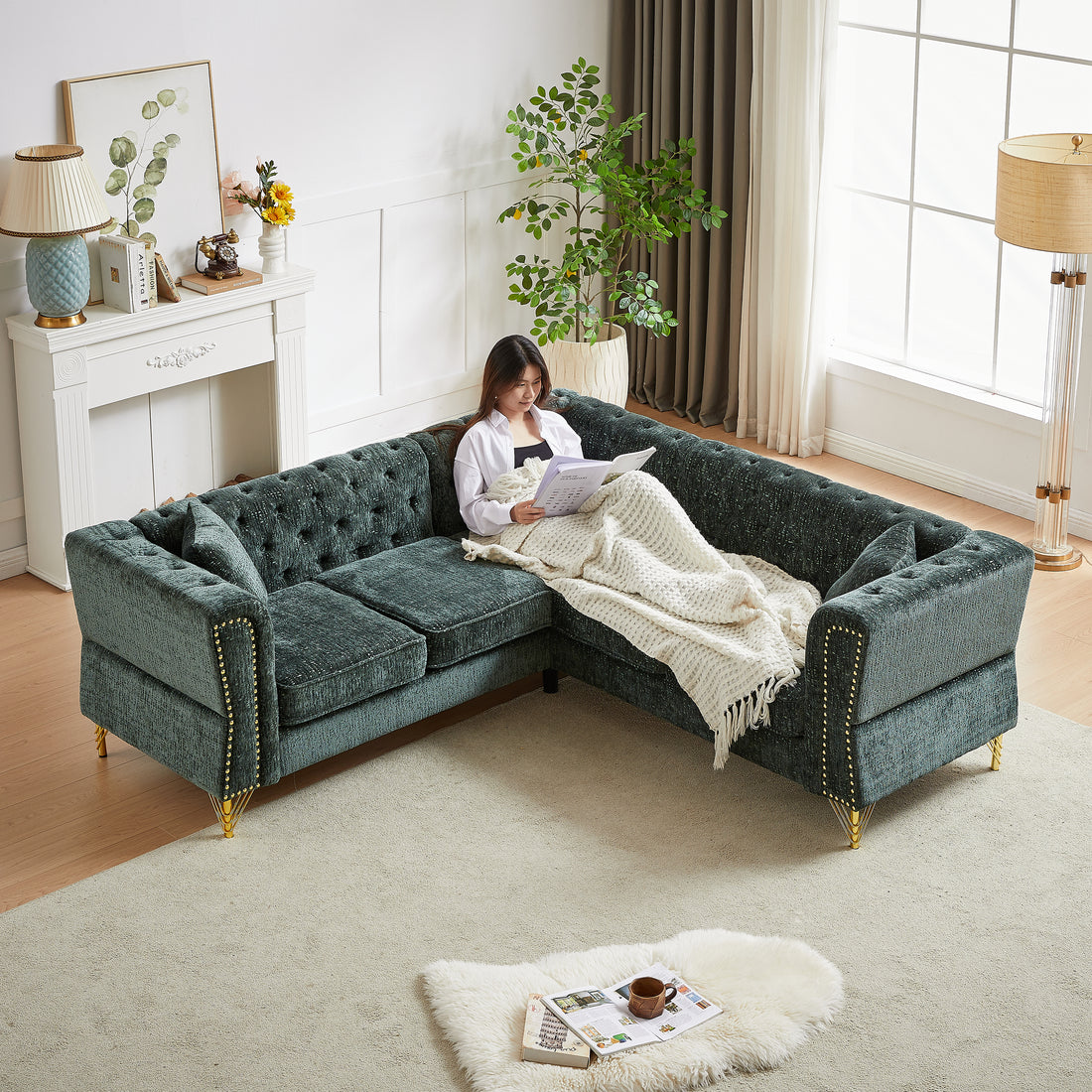 81.5 Inch Chenille Corner Sofal Shaped Sectional Couch, 5 Seater Corner Sofas With 3 Cushions For Living Room, Bedroom, Apartment, Office Green Foam Chenille 5 Seat