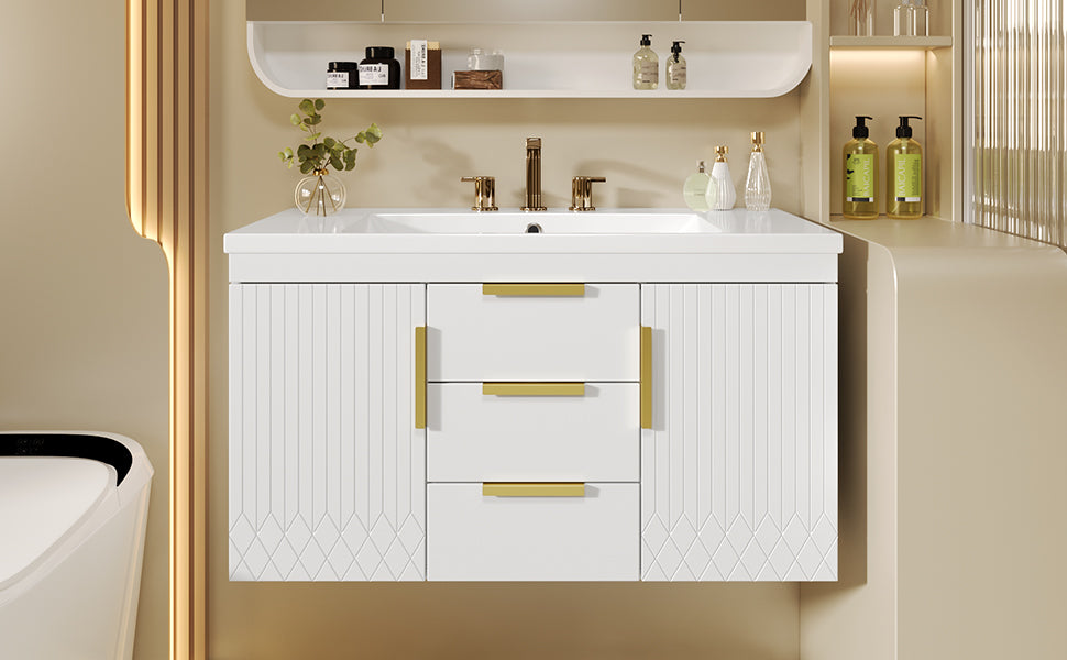 36'' Wall Mounted Bathroom Vanity With Resin Sink, Floating Bathroom Storage Cabinet With 2 Drawers, Solid Wood Bathroom Cabinet White Bathroom Modern Mdf