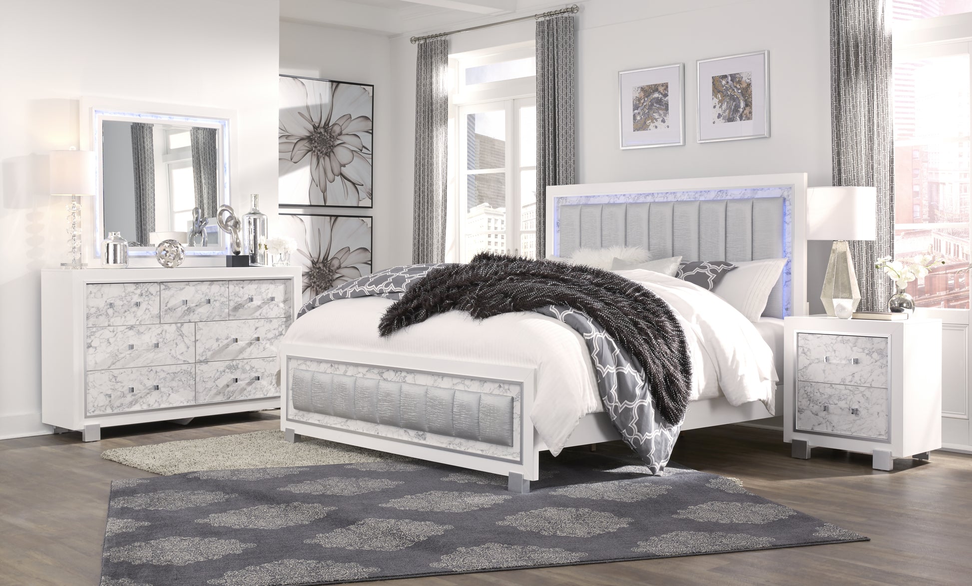 Skye Marble White King Bed White Solid Wood Mdf