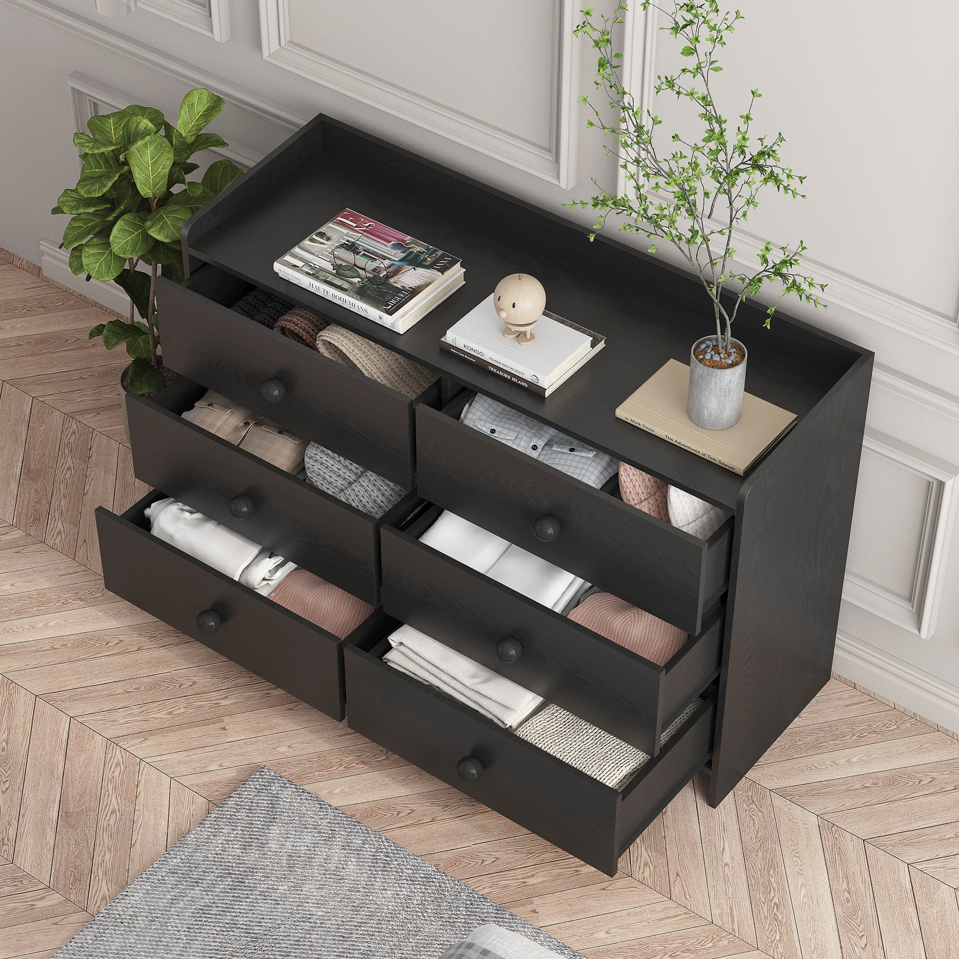 Chest Of Drawers Black Dresser6 Drawer Chest With Wide Storage, Modern Contemporary 6 Drawer Cabinet, Dresser For Bedroom Living Room Hallway Black Mdf