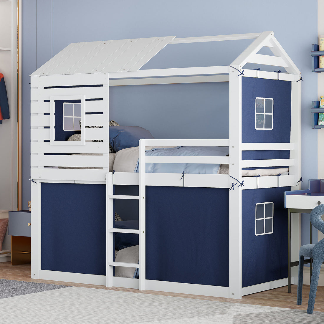 Twin Size Bunk Wood House Bed With Tent, Blue White Twin Blue Solid Wood Mdf