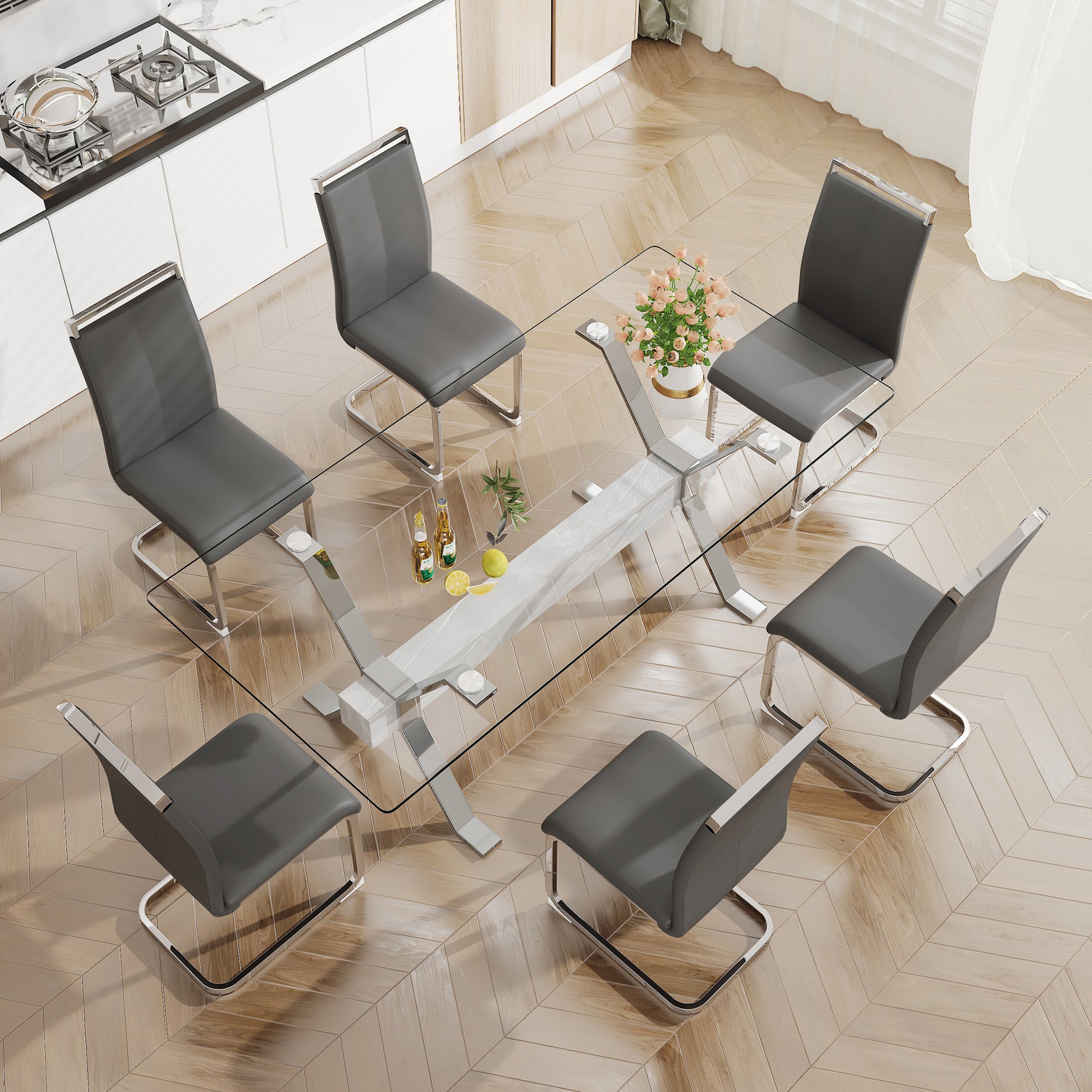 Dining Table. Modern Tempered Glass Dining Table. Large Modern Office Desk With Silver Plated Metal Legs And Mdf Crossbars, Suitable For Both Home And Office Use. Kitchen. 71 ''X35.4''X30 '' 1105 Transparent Glass