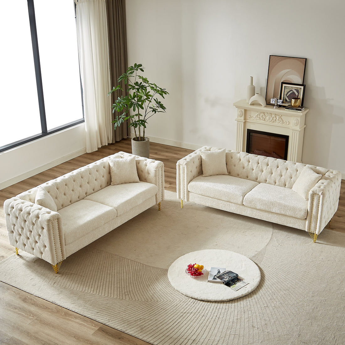 Chenille Pull Buckle Design Sofa For Living Room,Buttons Tufted With Copper Nail Decoration Armrest, Modern Couch Upholstered Button And Metal Legs Beige Foam Chenille 6 Seat