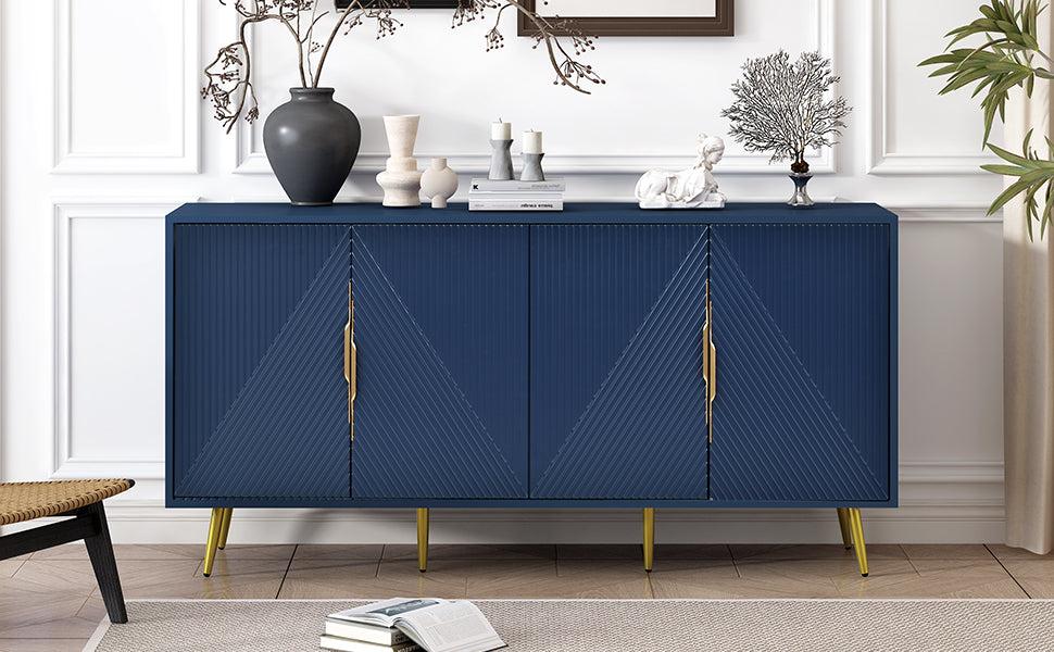 Stylish Sideboard With Wave Geometric Design, Conical Legs, Adjustable, Suitable For Study, Entryway And Living Room Navy Blue American Design Mdf