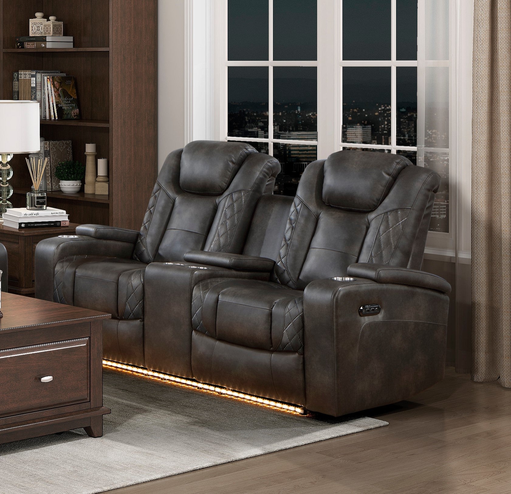 Luxury Comfort Modern Living Room Furniture 1Pc Power Reclining Loveseat Premium Faux Leather Upholstery, Power Headrests, Led Light, Usb Ports, Cup Holders, Hidden Storage Brown Gray Faux Leather Wood Primary Living Space Luxury,Modern Plywood,Solid