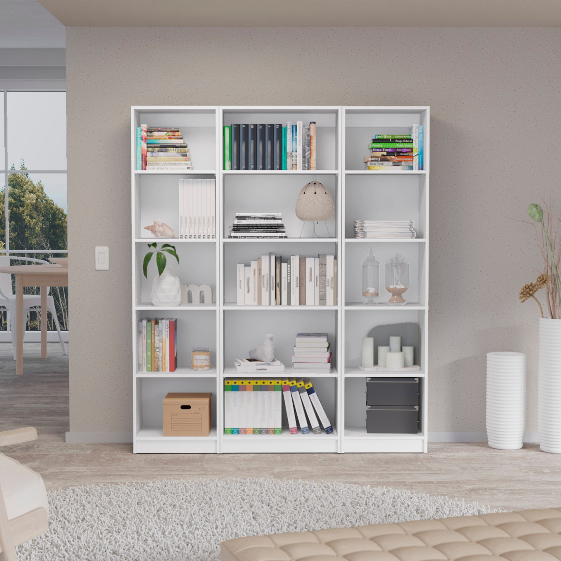 Bartow 3 Piece Home Bookcase Set, 60" Wide With 15 Shelvesliving Room Set Set White Freestanding 5 Or More Shelves White Office Open Storage Space Particle Board