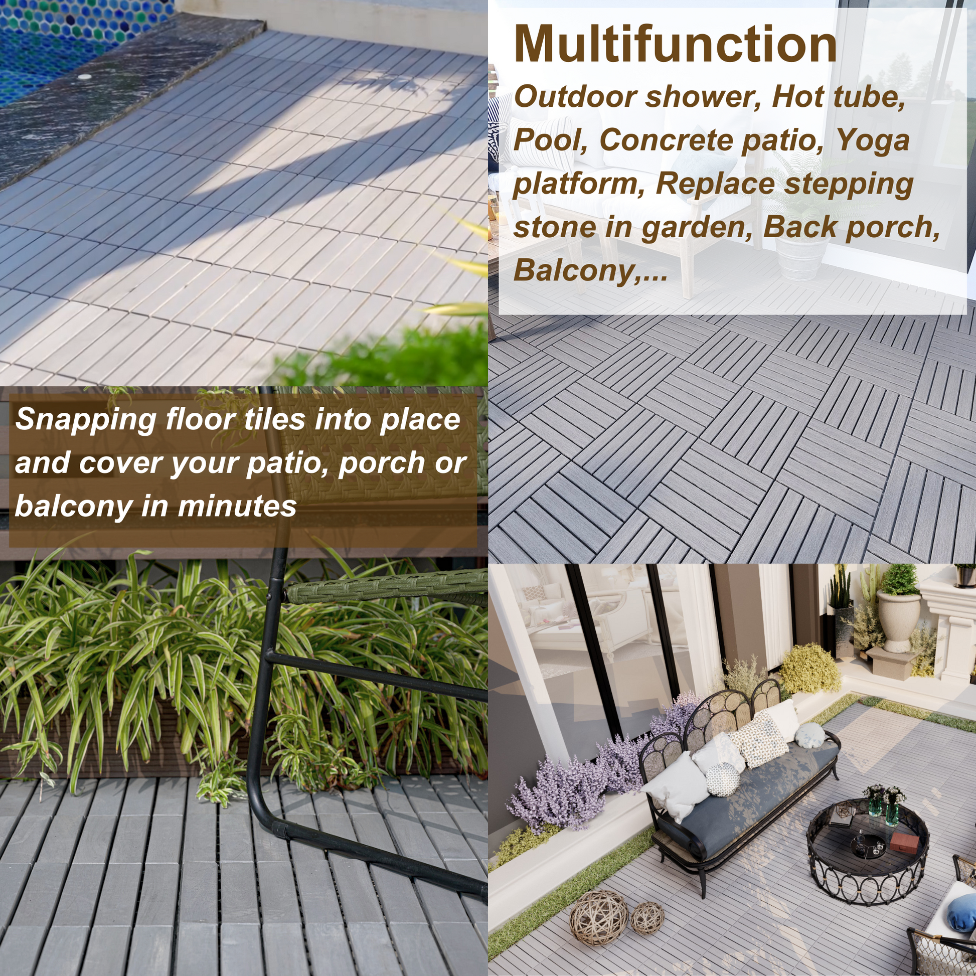 30 Pcs Interlocking Deck Tiles Striped Pattern, 12" X 12" Square Light Gray Acacia Hardwood Outdoor Flooring For Patio, Bancony, Pool Side,.. Light Gray Bathroom American Design,American Traditional Acacia Wood