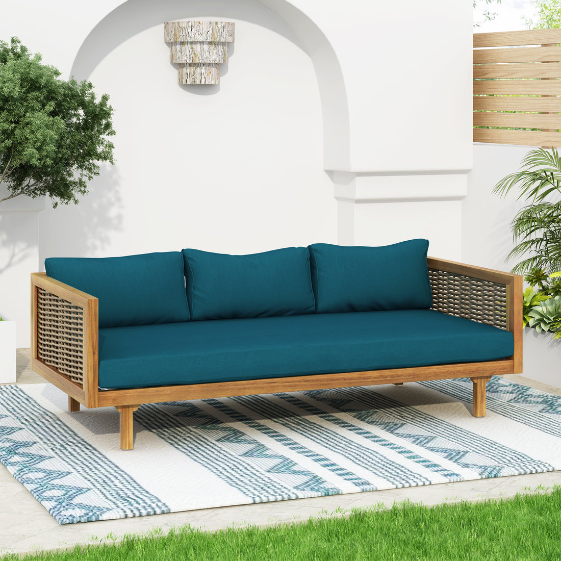 Claremont 3 Seater Daybed With Rattan Arms Teak Cushion Teak Wood Fabric Rattan