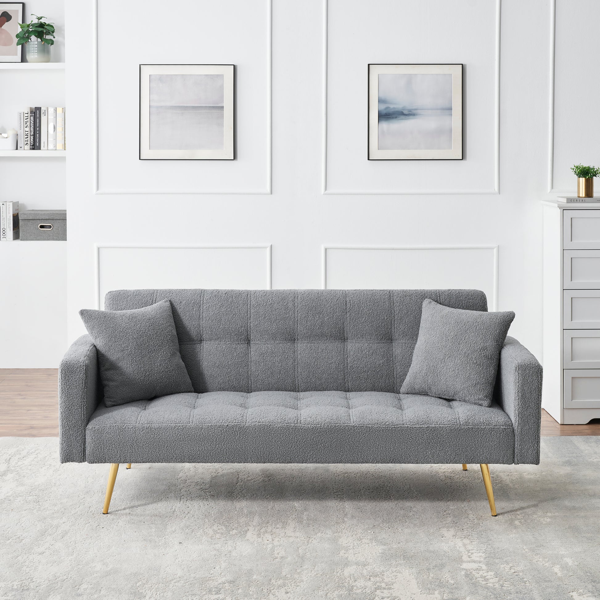 71.7 Inch Grey Teddy Fleece Sofa Bedbring Two Throw Pillows Grey Fabric 2 Seat