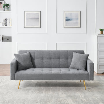 71.7 Inch Grey Teddy Fleece Sofa Bedbring Two Throw Pillows Grey Fabric 2 Seat