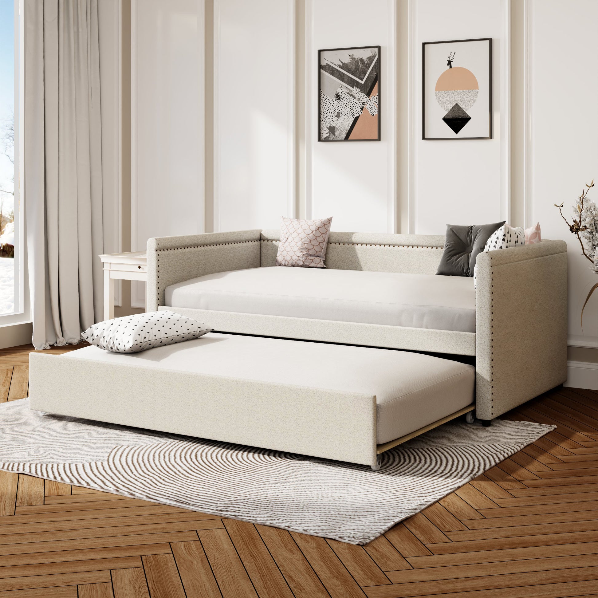 Modern Style Twin Size Upholstered Daybed With Trundle For Guest Room, Small Bedroom, Study Room, Beige Box Spring Not Required Twin Beige Wood Bedroom Traditional Daybeds Linen Upholstered