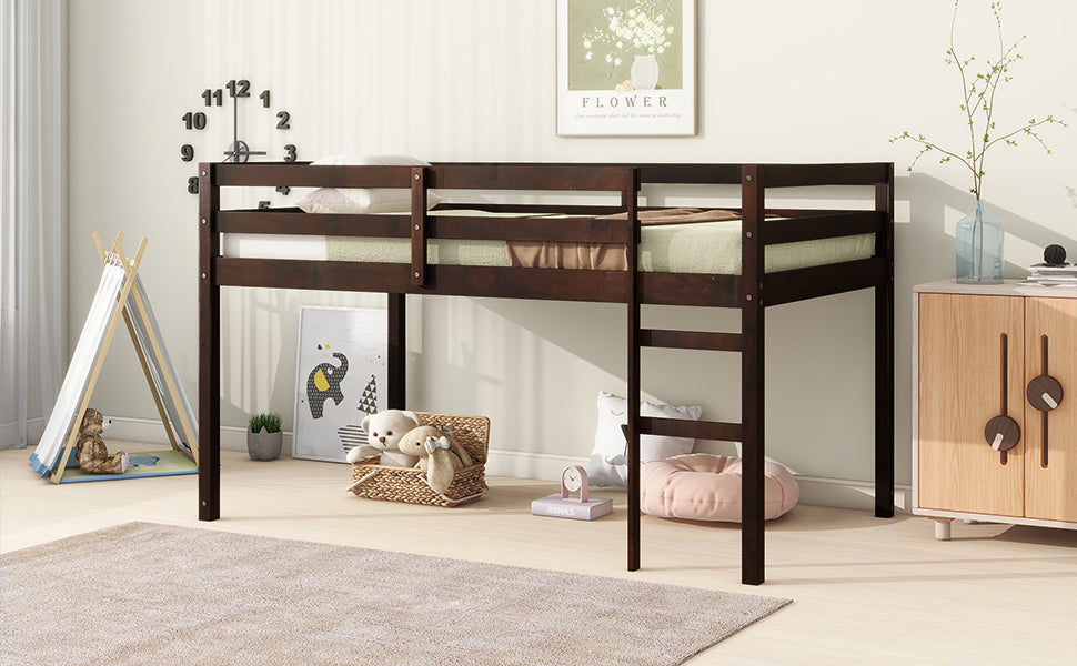 Solid Wooden, Rubber Wooden Twin Loft Bed With Ladder, Bed Platform Of Strengthened Slatsespresso Twin Espresso Rubber Wood