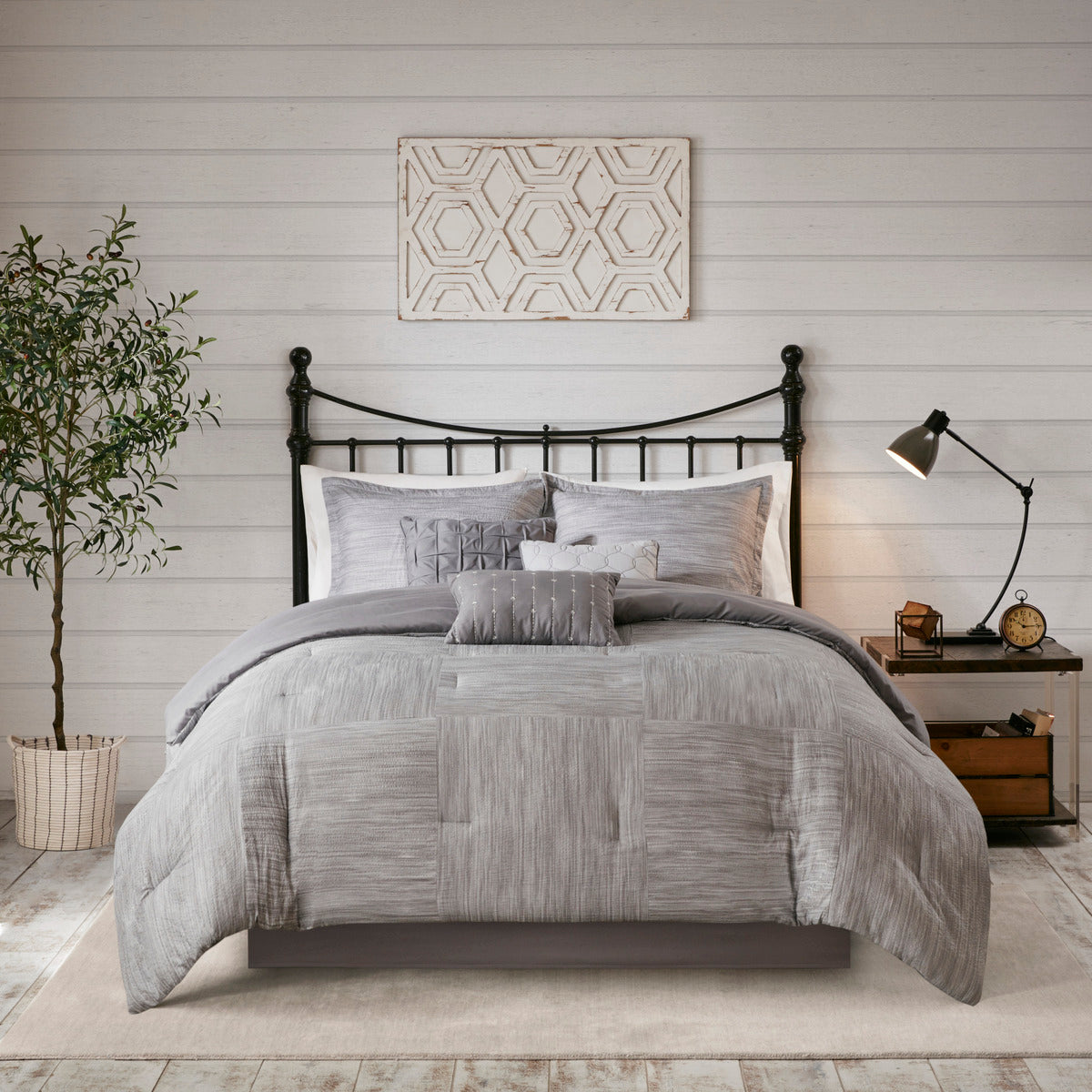 7 Piece Printed Seersucker Comforter Set Grey King King Grey Polyester
