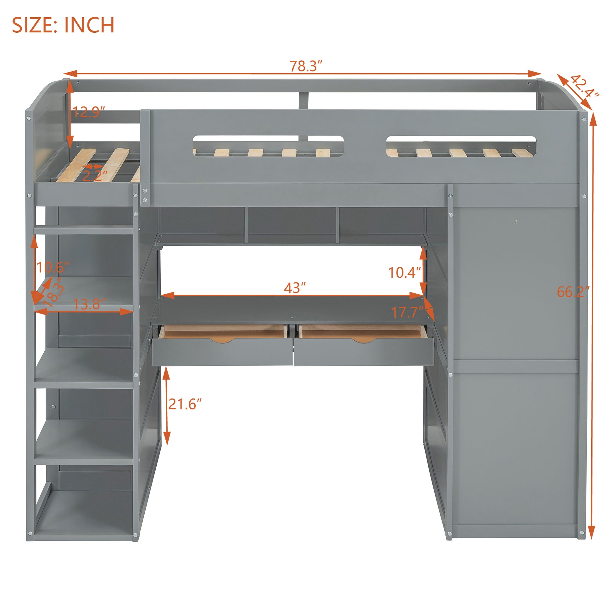 Twin Size Loft Bed With Desk, Wardrobes, 4 Drawers And 4 Shelves Gray Twin Gray Solid Wood