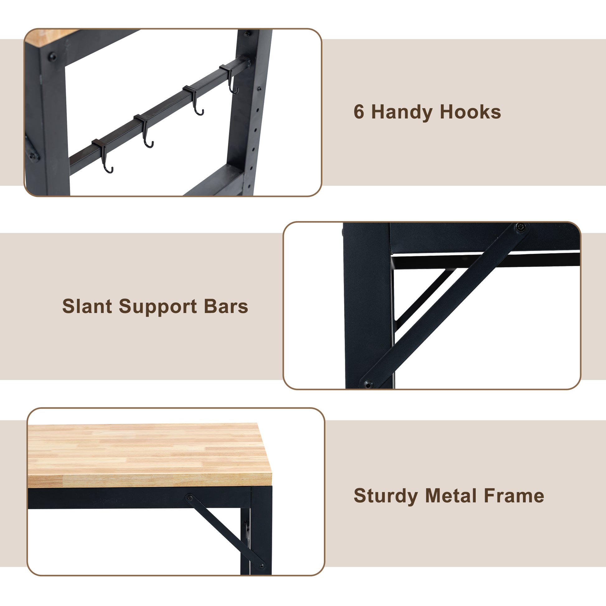 60" Adjustable Workbench For Garage, Rubber Wood Heavy Duty Workstation With Power Outlets & Wheels, 2000 Lbs Load Capacity Hardwood Worktable For Workshop, Garage, Office, Home, Commercial Black Metal & Wood