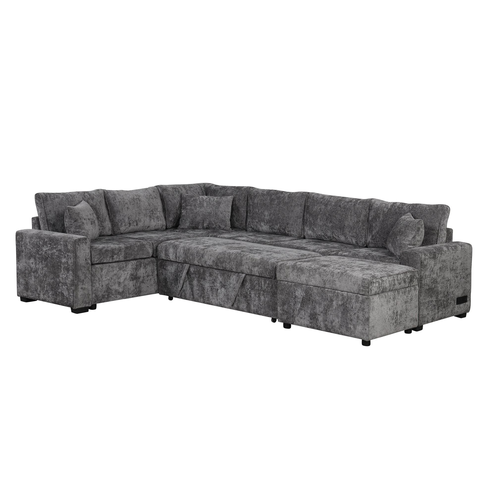 112.2" Sectional Sofa Pull Out Sofa Bed Sleeper With A Storage Ottoman,Three Pillows And Charging Devices For Living Room, Grey Grey Foam Chenille 6 Seat