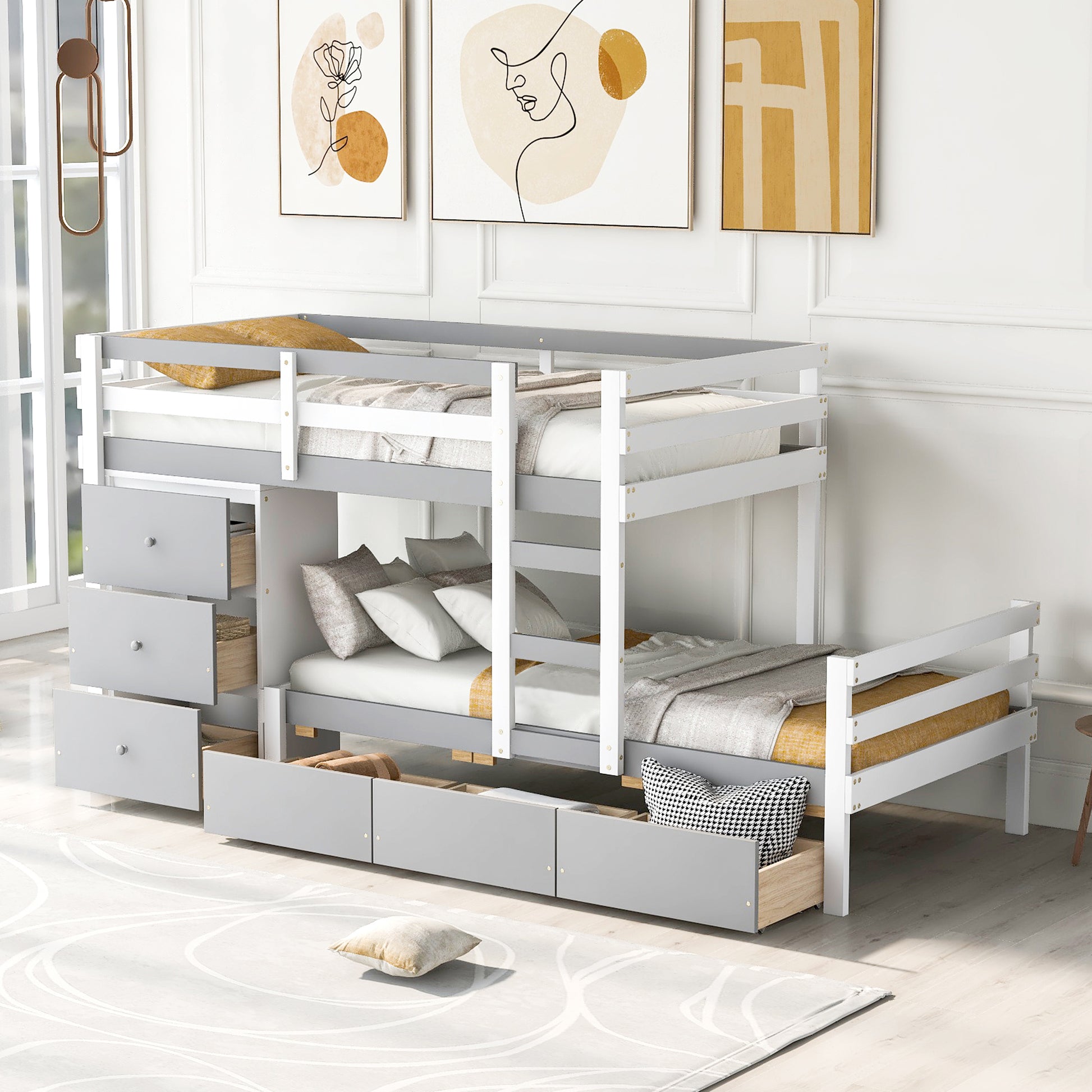 Twin Over Twin Loft Bunk Bed With Drawers And Ladder, Gray Twin Gray Pine