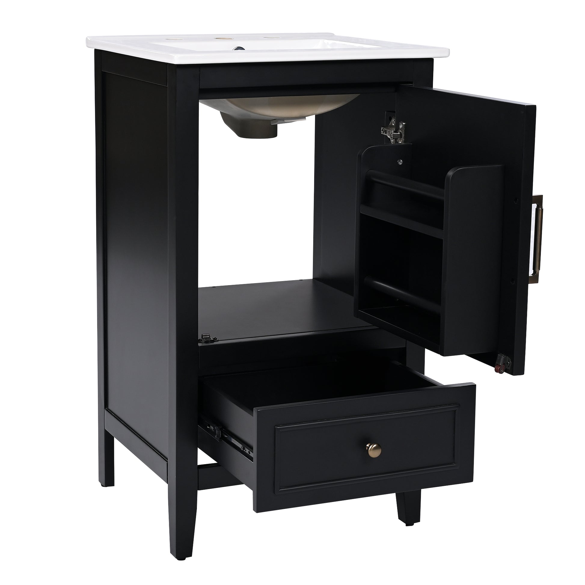 20" Bathroom Vanity With Sink, Bathroom Cabinet With Two Doors, Door Shelf Storage And Adiustable Foot Pads, A Drawer, Black Black Solid Wood Mdf