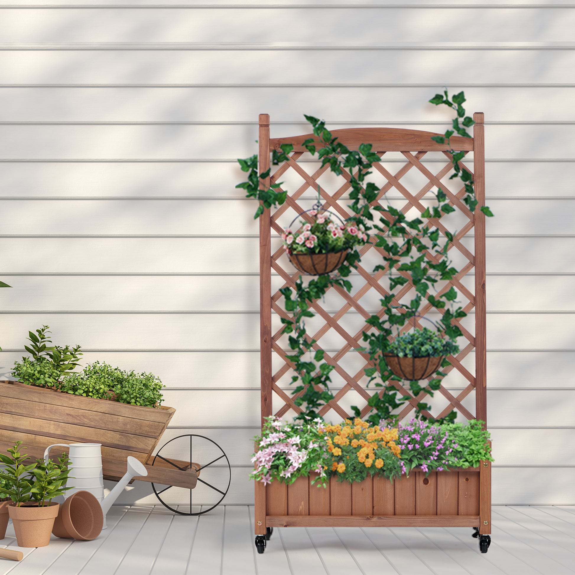 Raised Garden Bed With Trellis 2 Pack, Outdoor Wooden Planter Box & Plant Stand With Climbing Racks Brown Solid Wood