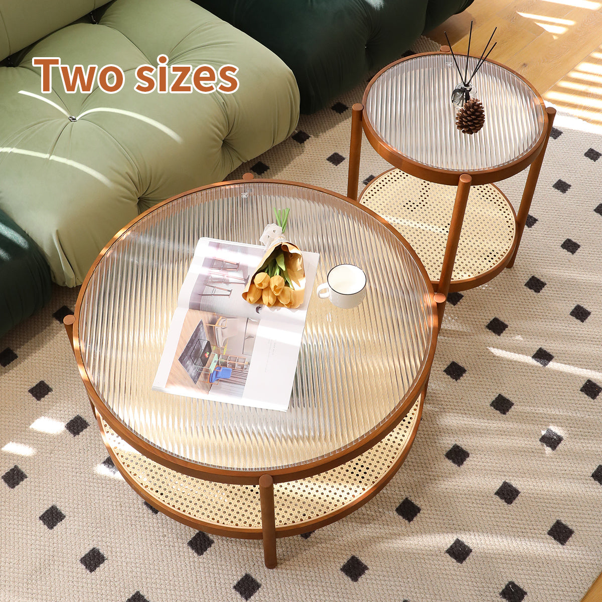 2 Piece Modern Farmhouse Living Room Coffee Table Set, Stylish And Elegant Nesting Round Wooden Table,Side End Table Set For Living Room,Bedroom Brown Wood Glass