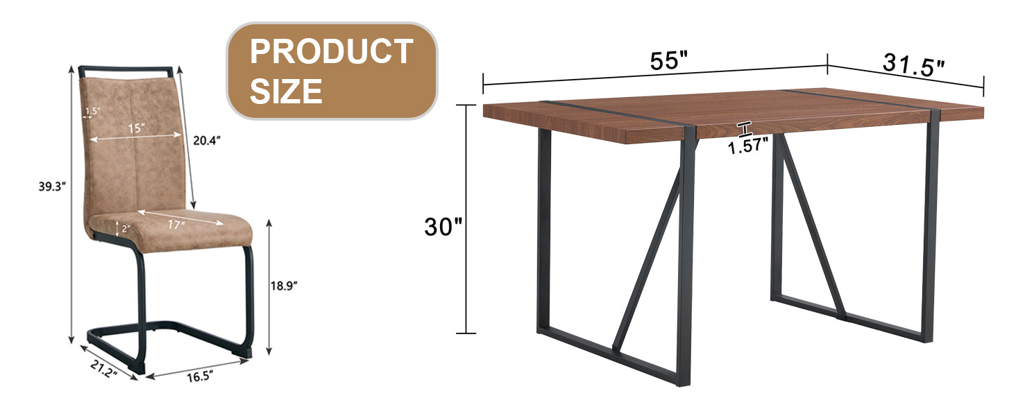 Table And Chair Set. A Minimalist Retro Rectangular Dining Table With A Specially Textured Top And Black Metal Legs, Paired With 4 Soft Chairs And Black Metal Legs, Showcases A Beautiful Home Style.