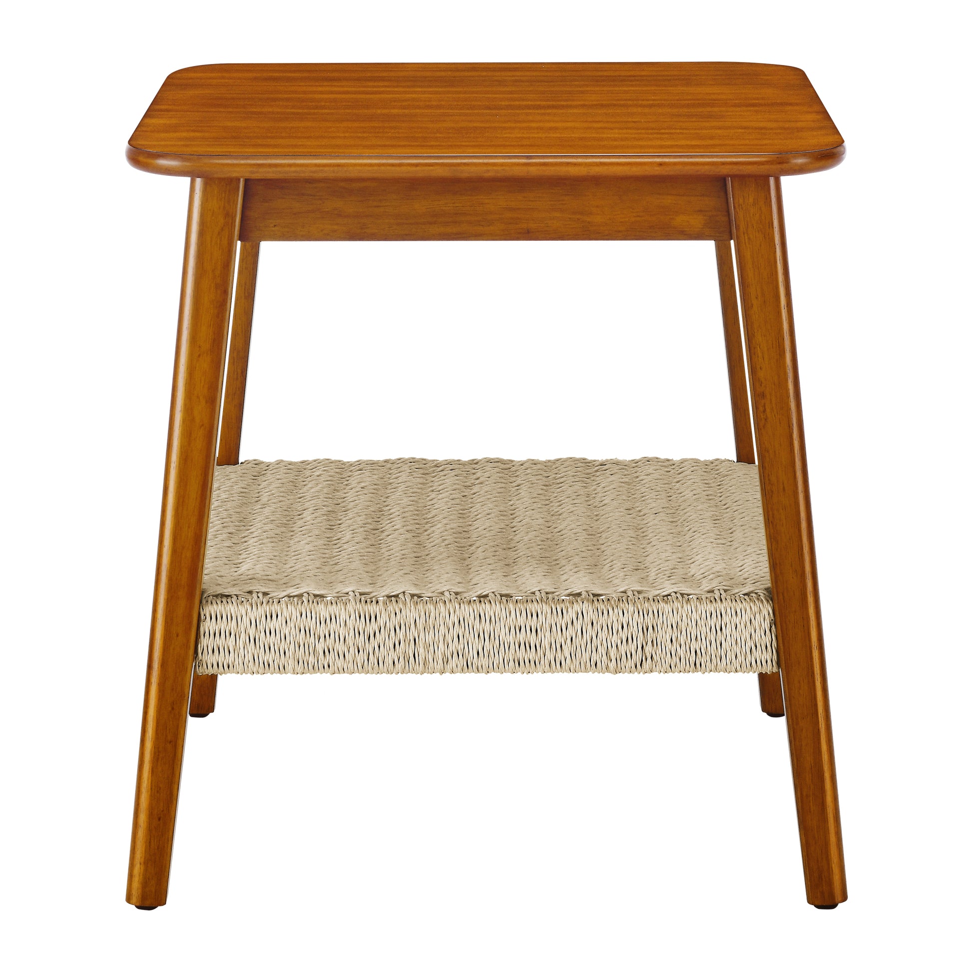 23" Mid Century Side Table With Woven Shelf, Boho Side Table With Storage, Bedside Tables, Small Side Table For Living Room Couch Bedroom Patio Home Office Walnut Solid Wood Mdf