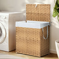 Laundry Basket With Lid, 110 L Hand Woven Pp Rattan Laundry Basket With Compartments & Handles, Foldable, Removable Liner Yellow Polyethylene