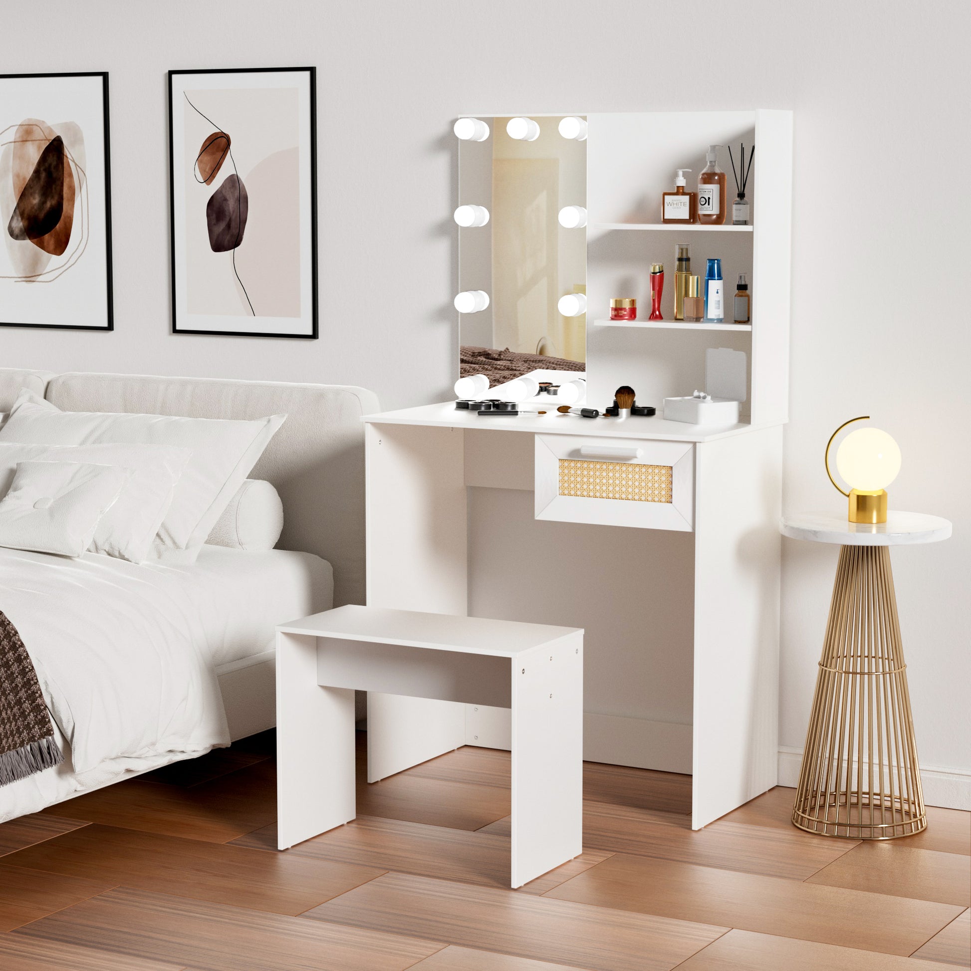 Vanity Desk Set Stool & Dressing Table With Led Lighting Mirror Drawer And Compartments Modern Wood Cosmetic Table Chest Of Drawers White Color Glossy White 1 Drawer Wood