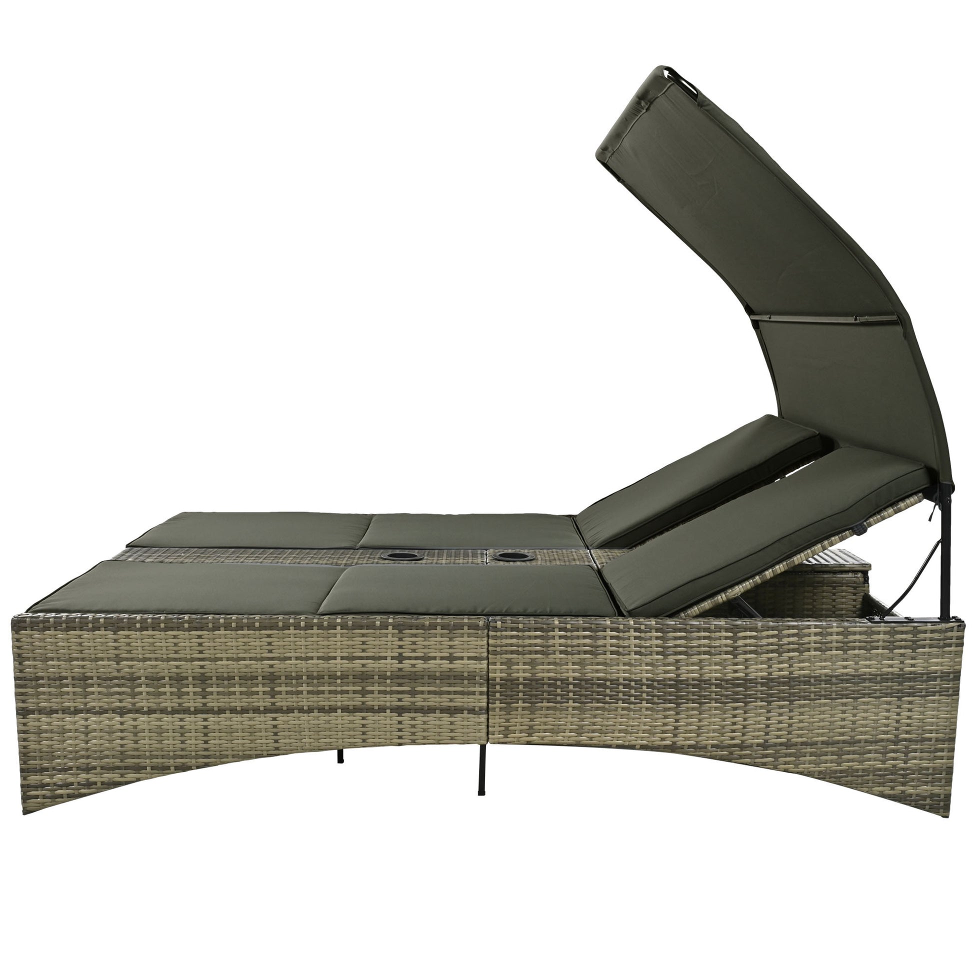Patio Daybed Outdoor Daybed Outdoor Rattan Sun Lounger With Shelter Roof With Adjustable Backrest, Storage Box And 2 Cup Holders For Patio, Balcony, Poolside,Grey Yes Grey Seats 2 Water Resistant Frame Water Resistant Cushion Garden & Outdoor Sectional