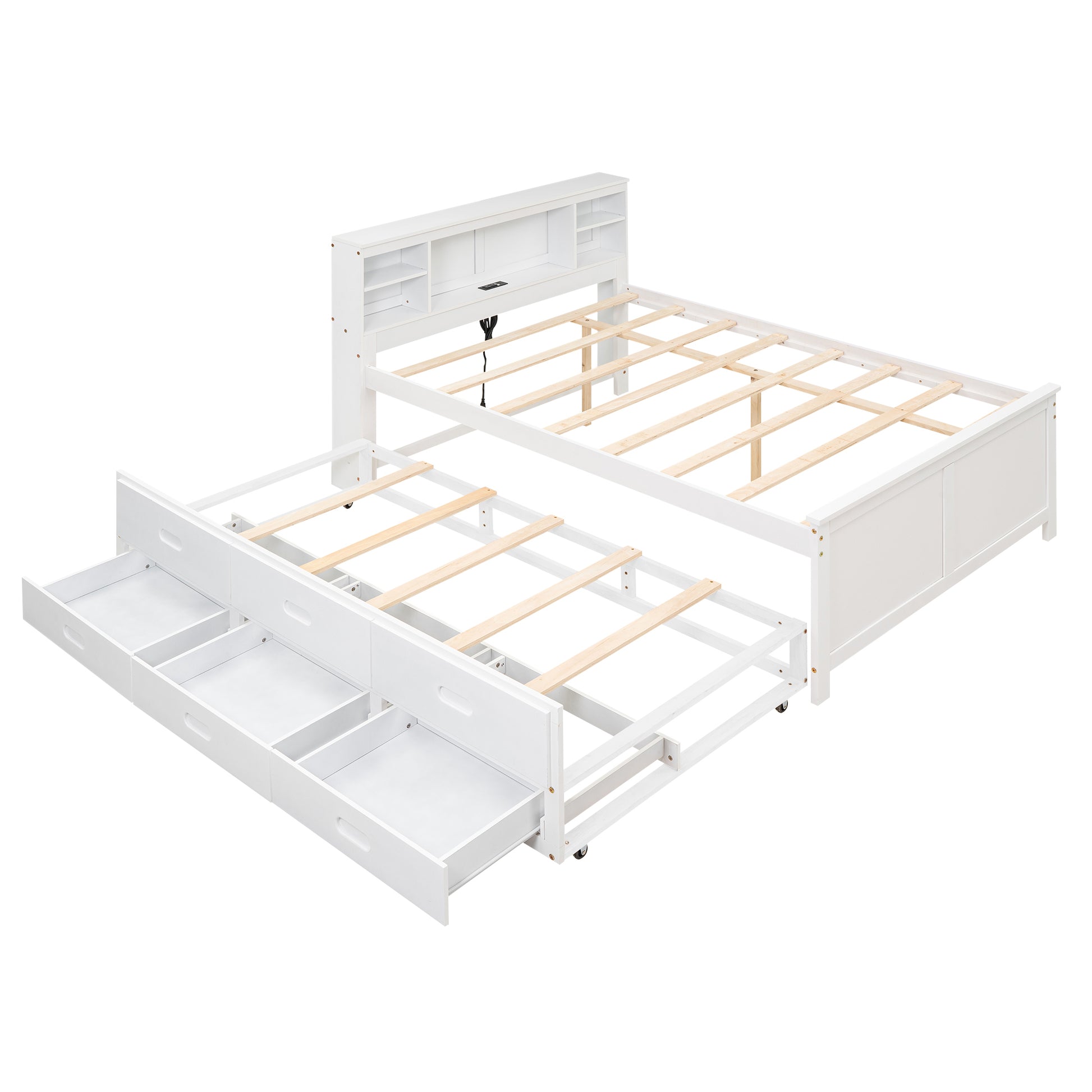 Full Size Platform Bed With Storage Headboard, Usb, Twin Size Trundle And 3 Drawers, White Box Spring Not Required Full White Wood Bedroom Bed Frame Solid Wood Mdf
