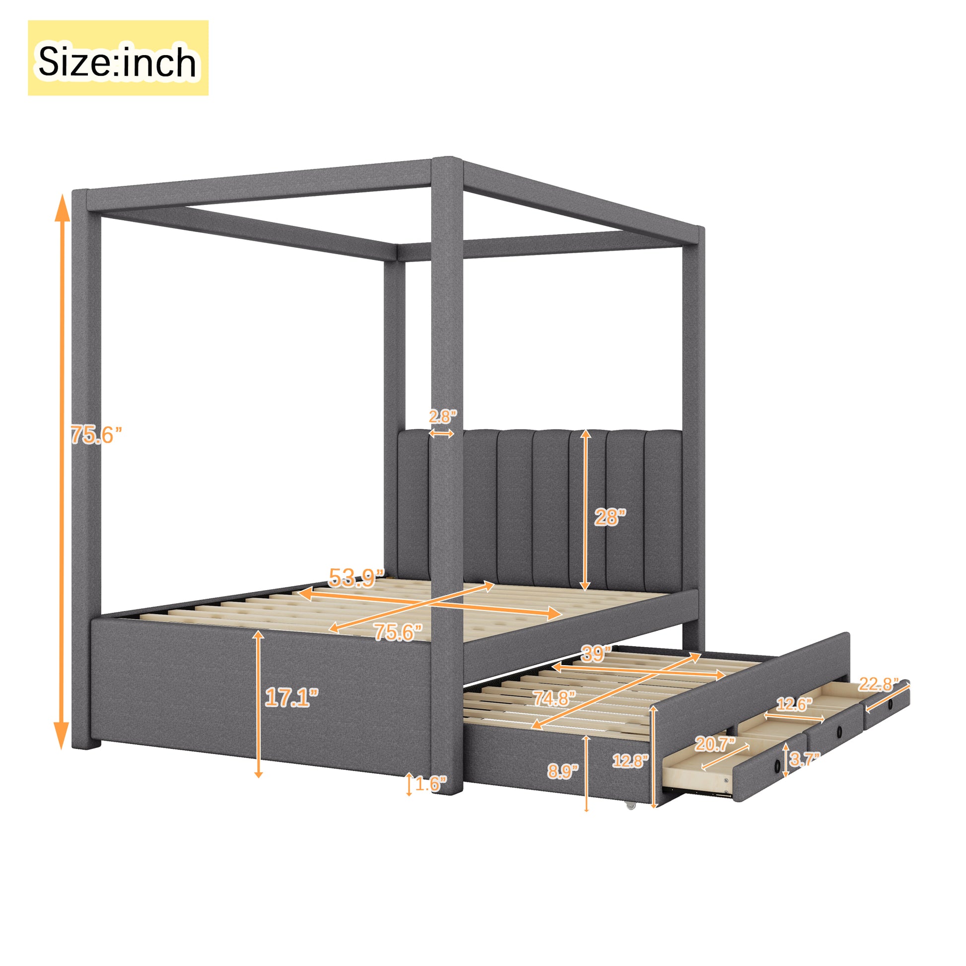 Full Size Upholstery Canopy Platform Bed With Trundle And Three Storage Drawers, Gray Full Gray Upholstered