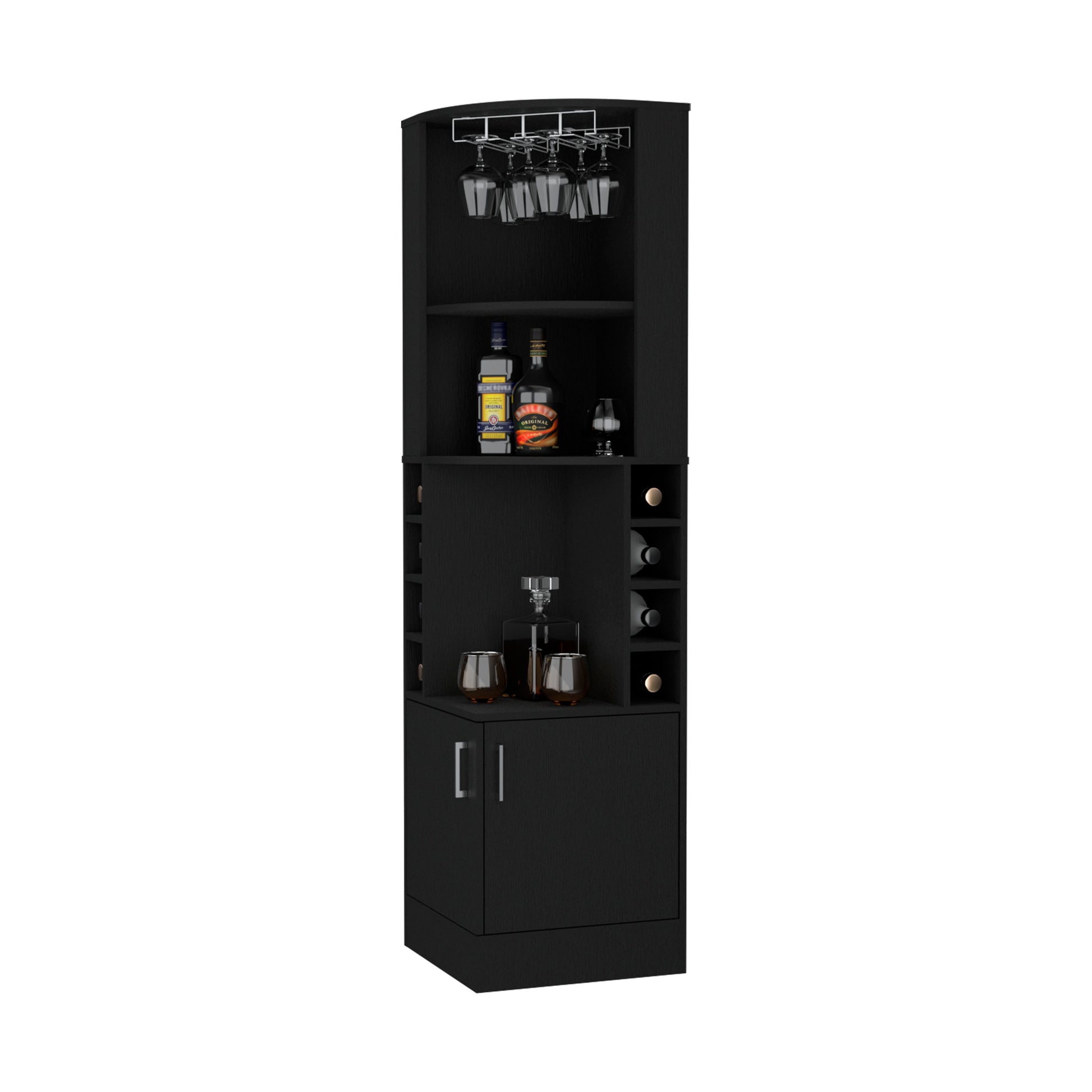 Delhi Corner Bar Cabinet, Eight Built In Wine Rack, Glass Rack, Double Door Cabinet Black Melamine Particle Board