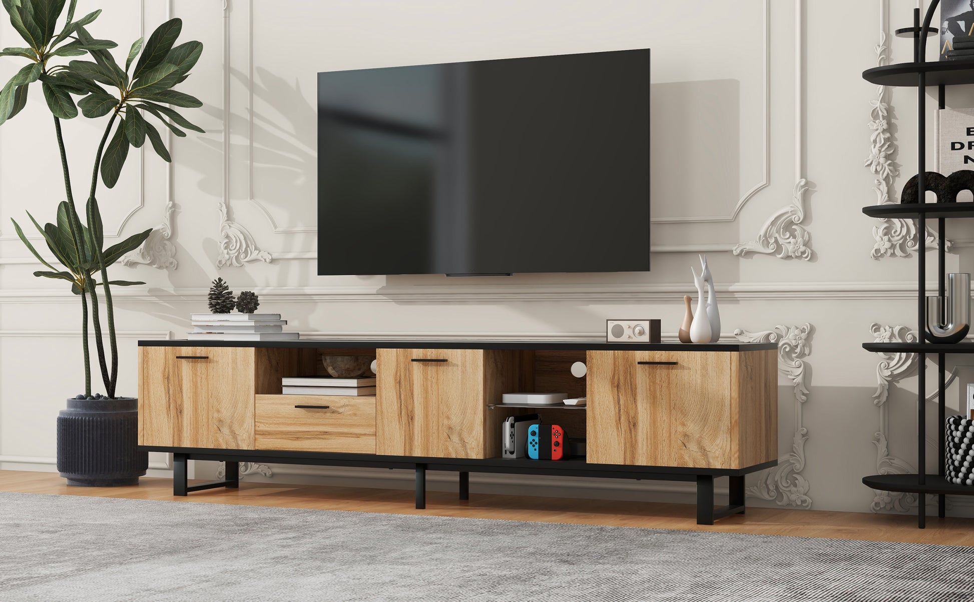 Modern Tv Stand With 4 Cabinets& Open Shelves, Color Matching Media Console Table For Tvs Up To 80'', Entertainment Center With Drop Down Door For Living Room, Bedroom, Home Theatre Wood Brown Primary Living Space 70 79 Inches 70 79 Inches Modern 65