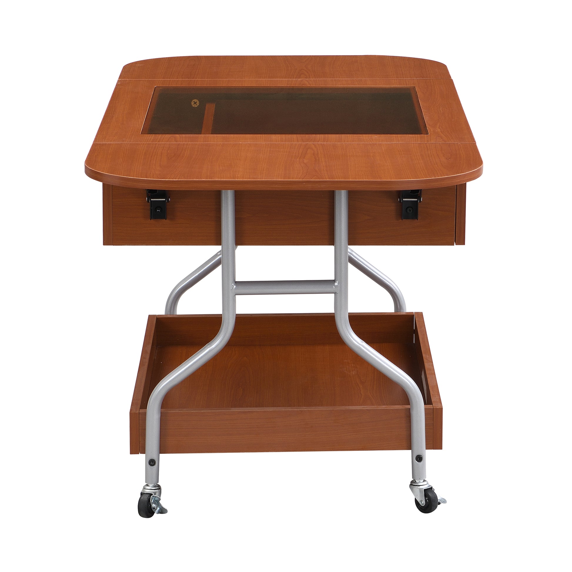 Modern Extended Coffee Table With Wheels, Folding Coffee Table With 1 Drawer And 2 Tier Storage, Metal Frame Coffee Table For Living Room Mahogany Glass,Mdf Metal