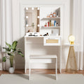 Vanity Desk Set Stool & Dressing Table With Led Lighting Mirror Drawer And Compartments Modern Wood Cosmetic Table Chest Of Drawers White Color Glossy White 1 Drawer Wood