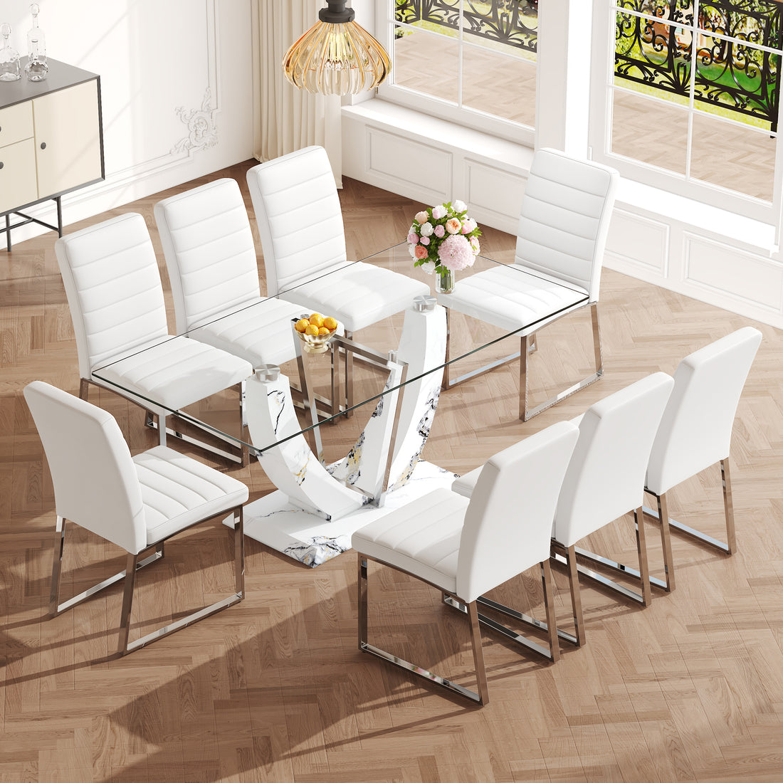 Table And Chair Set, Large Modern Rectangular Glass Table, Can Accommodate 6 8 People, Equipped With A 0.39 Inch Tempered Glass Tabletop And Mdf Table Legs.Paired With Comfortable And Soft Chairs.