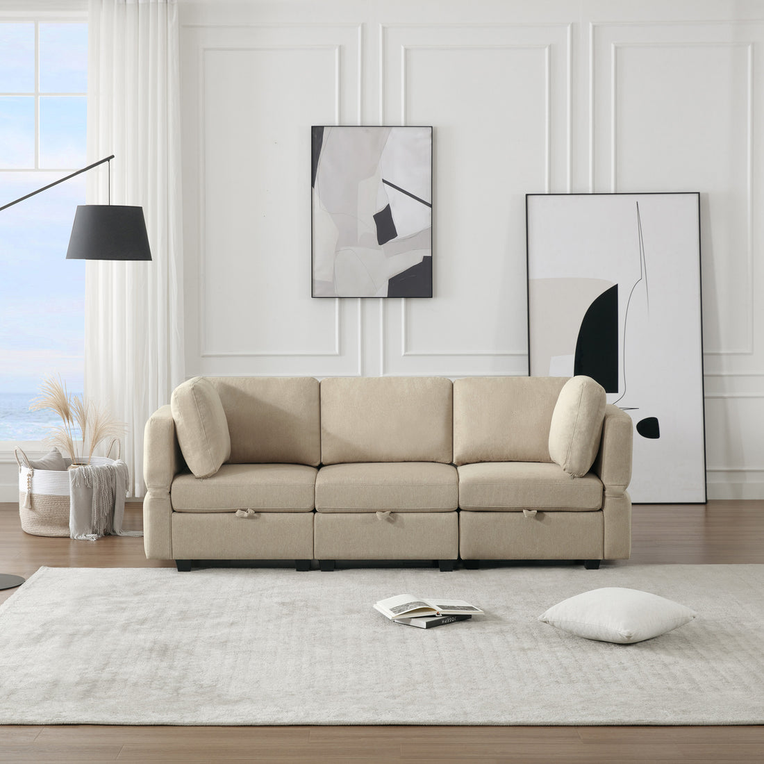 Oversized Modular Sectional Convertible Fabric Sofa Set,Extra Large Sectional Storage Seat Couch For Living Room, 3 Seat Modern Modular Sofa Beige Beige Polyester 3 Seat